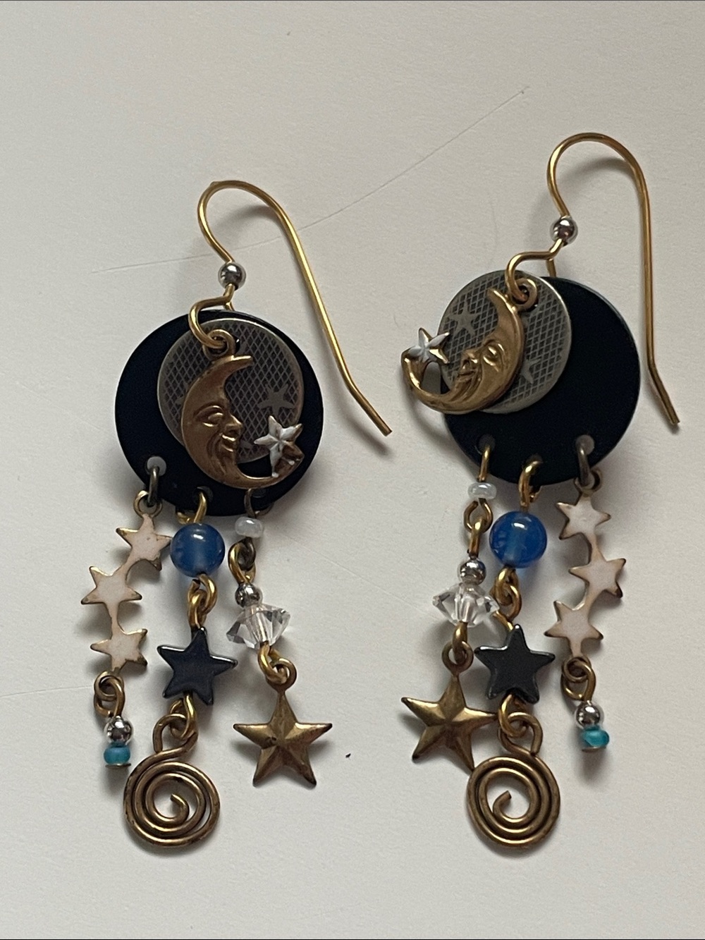 Celestial Moon & Star Drop Earrings - Blue and Black